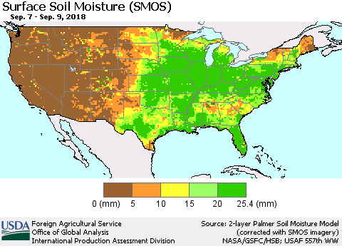 United States Surface Soil Moisture (SMOS) Thematic Map For 9/3/2018 - 9/9/2018