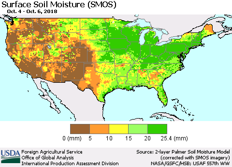 United States Surface Soil Moisture (SMOS) Thematic Map For 10/1/2018 - 10/7/2018