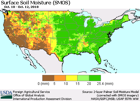 United States Surface Soil Moisture (SMOS) Thematic Map For 10/8/2018 - 10/14/2018