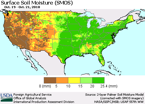 United States Surface Soil Moisture (SMOS) Thematic Map For 10/15/2018 - 10/21/2018