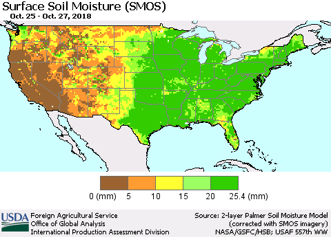 United States Surface Soil Moisture (SMOS) Thematic Map For 10/22/2018 - 10/28/2018