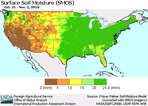 United States Surface Soil Moisture (SMOS) Thematic Map For 10/29/2018 - 11/4/2018