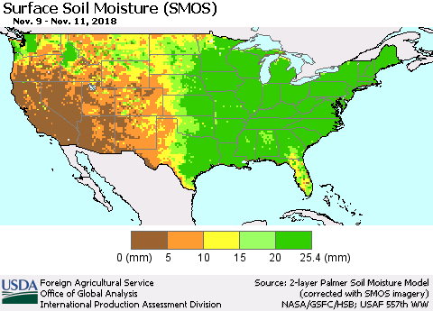 United States Surface Soil Moisture (SMOS) Thematic Map For 11/5/2018 - 11/11/2018