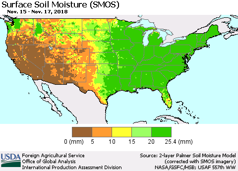 United States Surface Soil Moisture (SMOS) Thematic Map For 11/12/2018 - 11/18/2018