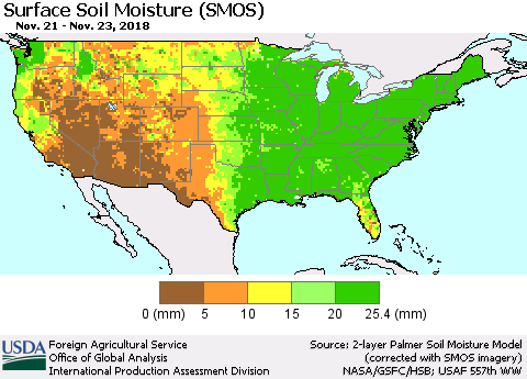 United States Surface Soil Moisture (SMOS) Thematic Map For 11/19/2018 - 11/25/2018