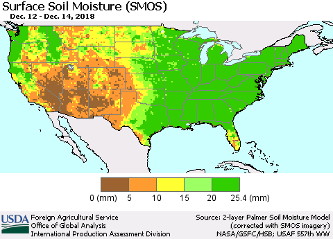 United States Surface Soil Moisture (SMOS) Thematic Map For 12/10/2018 - 12/16/2018