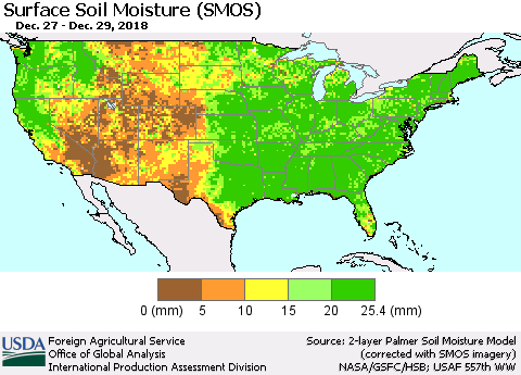 United States Surface Soil Moisture (SMOS) Thematic Map For 12/24/2018 - 12/30/2018