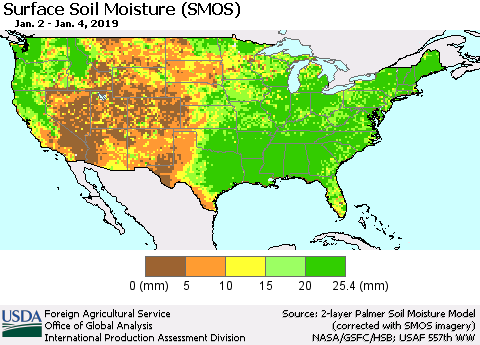 United States Surface Soil Moisture (SMOS) Thematic Map For 12/31/2018 - 1/6/2019