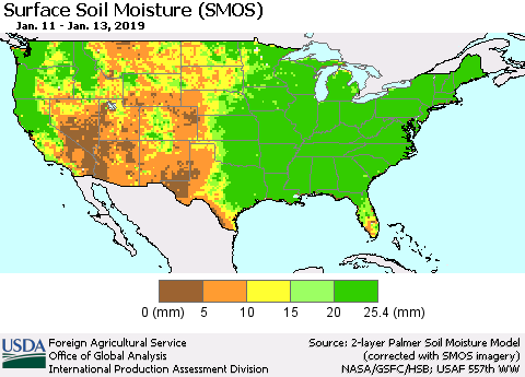 United States Surface Soil Moisture (SMOS) Thematic Map For 1/7/2019 - 1/13/2019