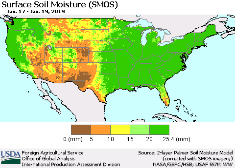 United States Surface Soil Moisture (SMOS) Thematic Map For 1/14/2019 - 1/20/2019