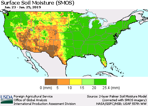 United States Surface Soil Moisture (SMOS) Thematic Map For 1/21/2019 - 1/27/2019