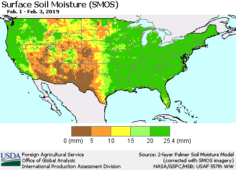 United States Surface Soil Moisture (SMOS) Thematic Map For 1/28/2019 - 2/3/2019