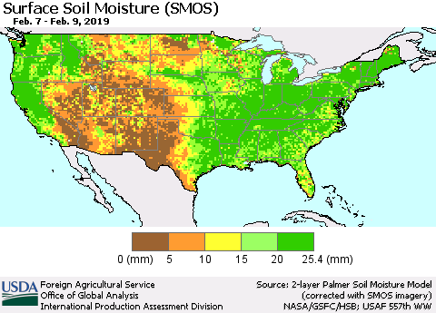 United States Surface Soil Moisture (SMOS) Thematic Map For 2/4/2019 - 2/10/2019