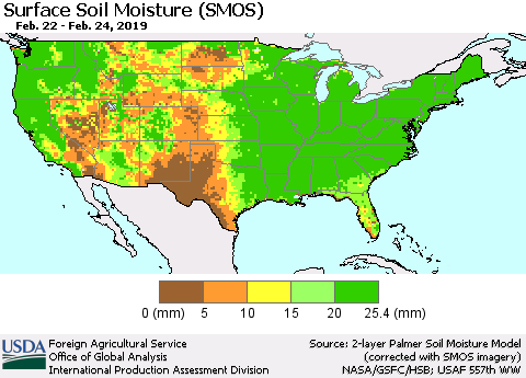 United States Surface Soil Moisture (SMOS) Thematic Map For 2/18/2019 - 2/24/2019