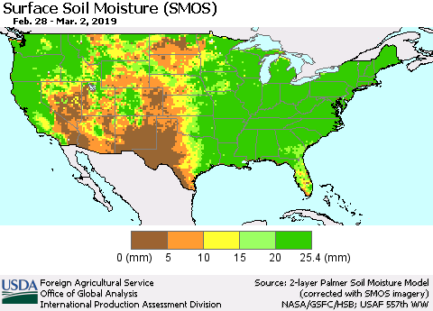 United States Surface Soil Moisture (SMOS) Thematic Map For 2/25/2019 - 3/3/2019