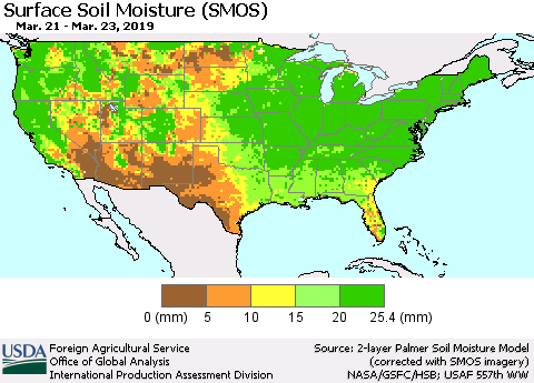 United States Surface Soil Moisture (SMOS) Thematic Map For 3/18/2019 - 3/24/2019