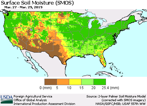 United States Surface Soil Moisture (SMOS) Thematic Map For 3/25/2019 - 3/31/2019