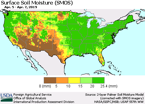United States Surface Soil Moisture (SMOS) Thematic Map For 4/1/2019 - 4/7/2019