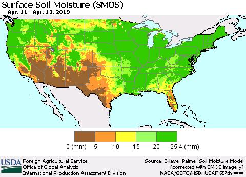 United States Surface Soil Moisture (SMOS) Thematic Map For 4/8/2019 - 4/14/2019