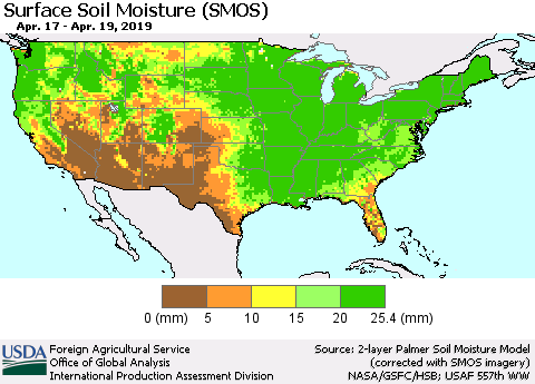 United States Surface Soil Moisture (SMOS) Thematic Map For 4/15/2019 - 4/21/2019
