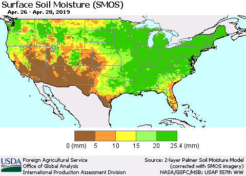 United States Surface Soil Moisture (SMOS) Thematic Map For 4/22/2019 - 4/28/2019