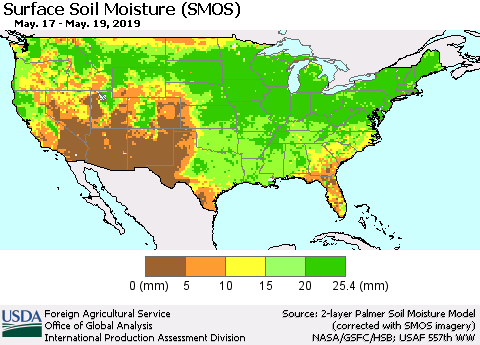United States Surface Soil Moisture (SMOS) Thematic Map For 5/13/2019 - 5/19/2019
