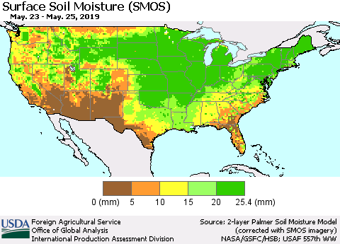 United States Surface Soil Moisture (SMOS) Thematic Map For 5/20/2019 - 5/26/2019