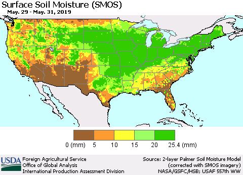 United States Surface Soil Moisture (SMOS) Thematic Map For 5/27/2019 - 6/2/2019