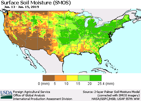 United States Surface Soil Moisture (SMOS) Thematic Map For 6/10/2019 - 6/16/2019