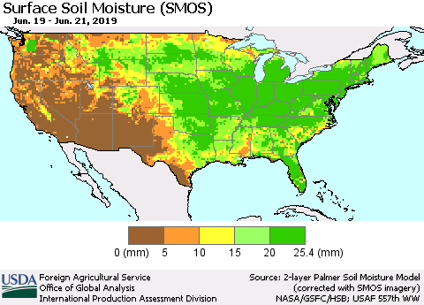 United States Surface Soil Moisture (SMOS) Thematic Map For 6/17/2019 - 6/23/2019