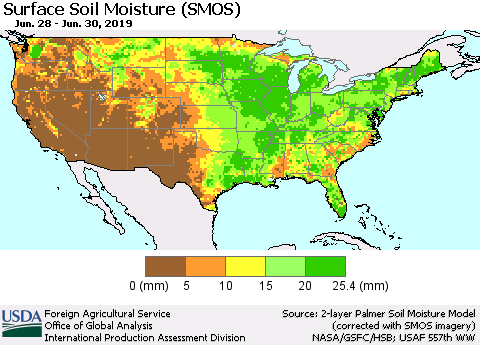United States Surface Soil Moisture (SMOS) Thematic Map For 6/24/2019 - 6/30/2019