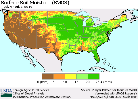 United States Surface Soil Moisture (SMOS) Thematic Map For 7/1/2019 - 7/7/2019