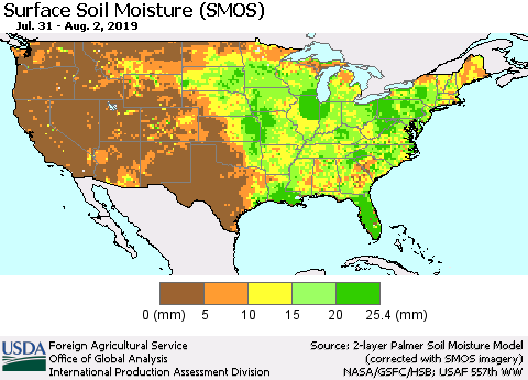 United States Surface Soil Moisture (SMOS) Thematic Map For 7/29/2019 - 8/4/2019