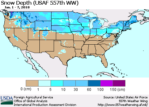 United States Snow Depth (USAF 557th WW) Thematic Map For 1/1/2018 - 1/7/2018