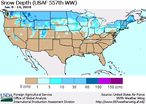 United States Snow Depth (USAF 557th WW) Thematic Map For 1/8/2018 - 1/14/2018