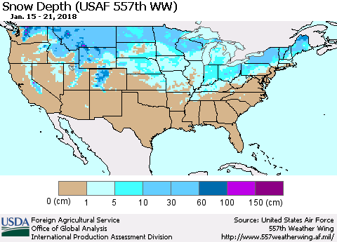 United States Snow Depth (USAF 557th WW) Thematic Map For 1/15/2018 - 1/21/2018