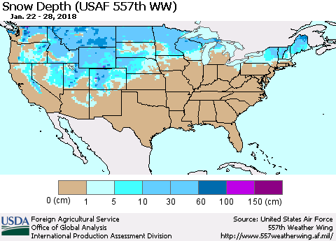 United States Snow Depth (USAF 557th WW) Thematic Map For 1/22/2018 - 1/28/2018