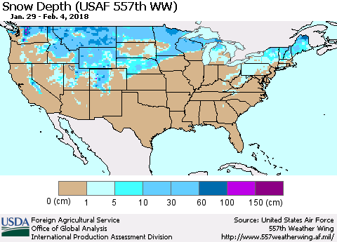 United States Snow Depth (USAF 557th WW) Thematic Map For 1/29/2018 - 2/4/2018