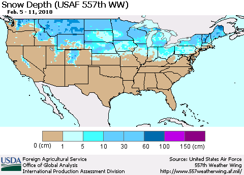 United States Snow Depth (USAF 557th WW) Thematic Map For 2/5/2018 - 2/11/2018
