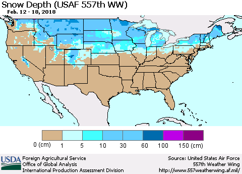 United States Snow Depth (USAF 557th WW) Thematic Map For 2/12/2018 - 2/18/2018