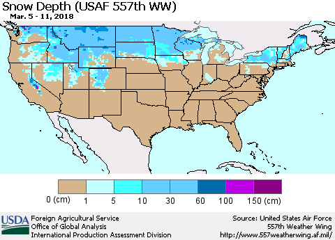 United States Snow Depth (USAF 557th WW) Thematic Map For 3/5/2018 - 3/11/2018