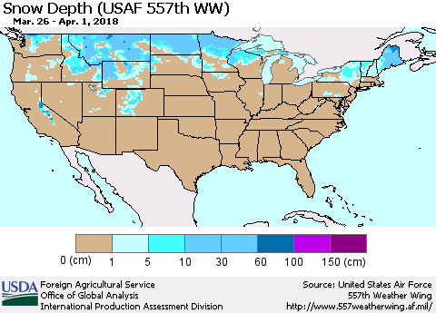 United States Snow Depth (USAF 557th WW) Thematic Map For 3/26/2018 - 4/1/2018