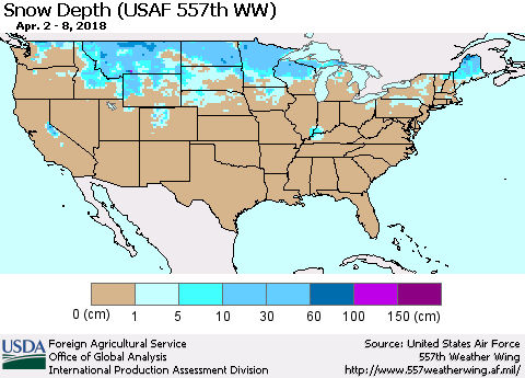 United States Snow Depth (USAF 557th WW) Thematic Map For 4/2/2018 - 4/8/2018