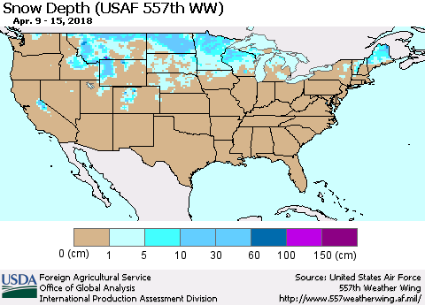 United States Snow Depth (USAF 557th WW) Thematic Map For 4/9/2018 - 4/15/2018