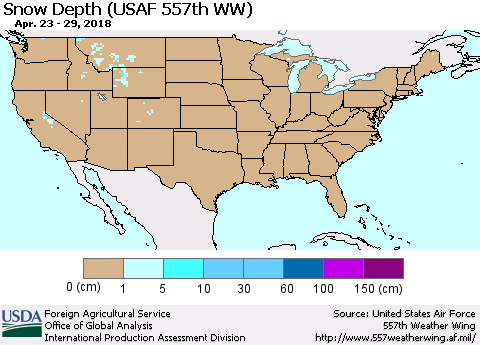 United States Snow Depth (USAF 557th WW) Thematic Map For 4/23/2018 - 4/29/2018