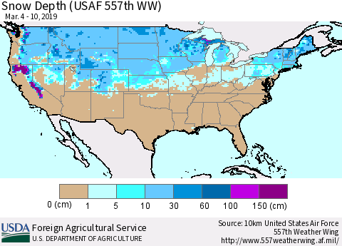 United States Snow Depth (USAF 557th WW) Thematic Map For 3/4/2019 - 3/10/2019