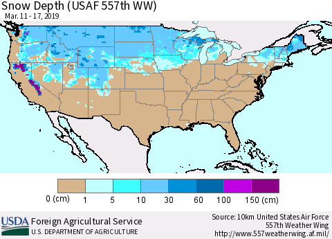 United States Snow Depth (USAF 557th WW) Thematic Map For 3/11/2019 - 3/17/2019