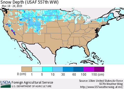 United States Snow Depth (USAF 557th WW) Thematic Map For 3/18/2019 - 3/24/2019