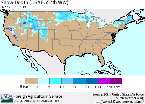United States Snow Depth (USAF 557th WW) Thematic Map For 3/25/2019 - 3/31/2019