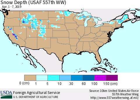 United States Snow Depth (USAF 557th WW) Thematic Map For 4/1/2019 - 4/7/2019